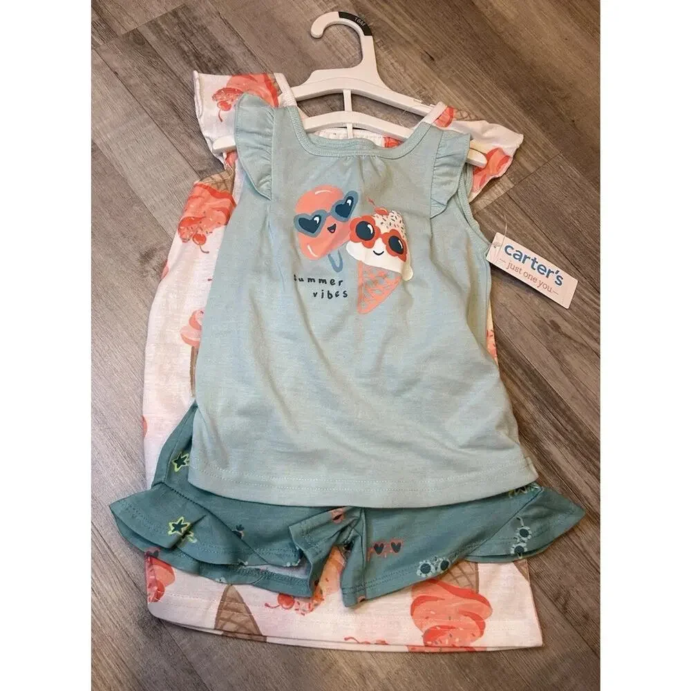 Carter’s 3pc Pajama Bundle Girls 18M Ice Cream Summer Vibes Shorts Set EUC